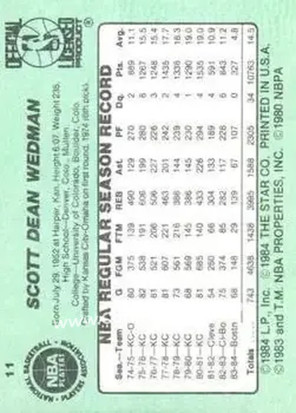 1984-85 Star #11 - Scott Wedman - Boston Celtics - Back