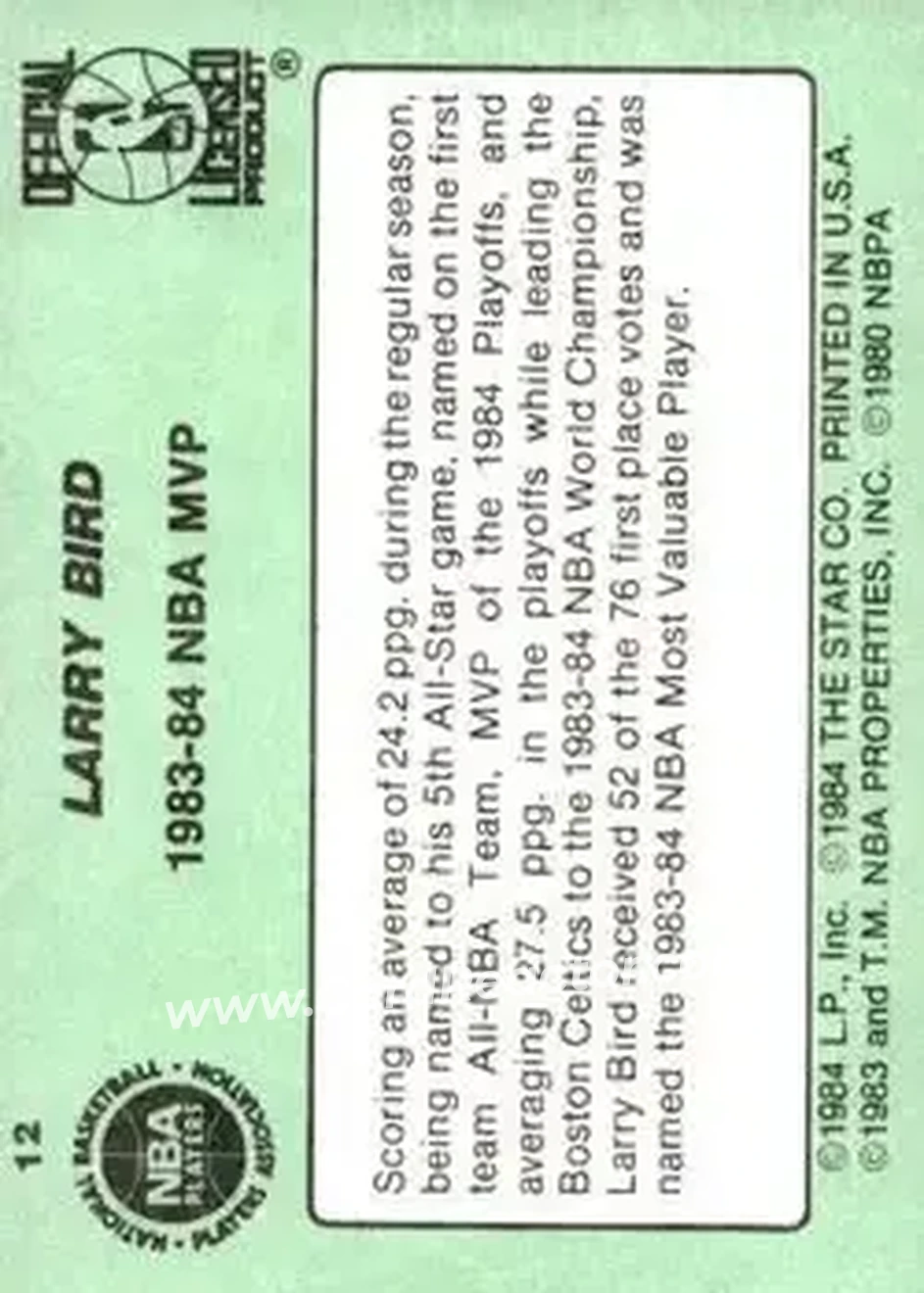 1984-85 Star #12 - Larry Bird - Boston Celtics - Back