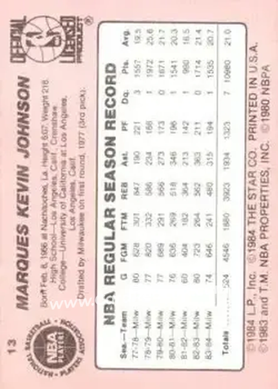 1984-85 Star #13 - Marques Johnson - Los Angeles Clippers - Back