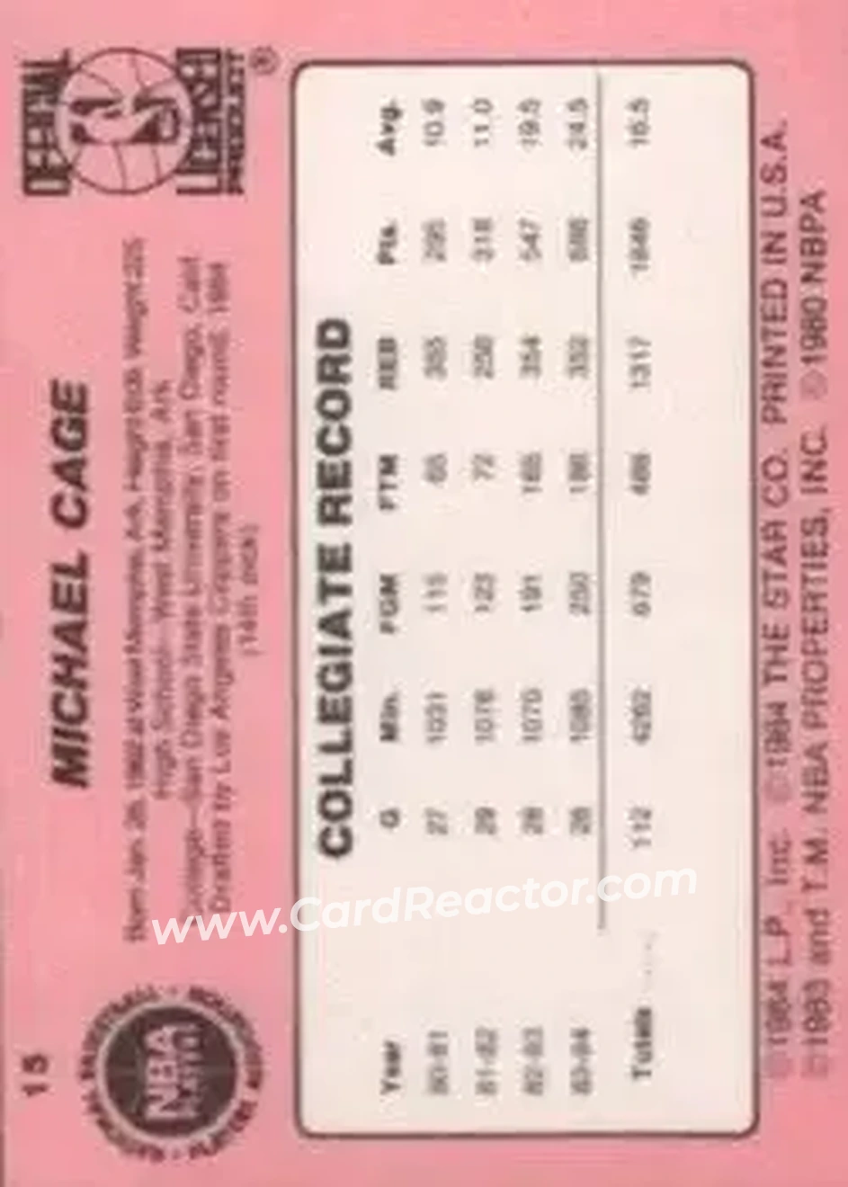 1984-85 Star #15 - Michael Cage - Los Angeles Clippers - Back
