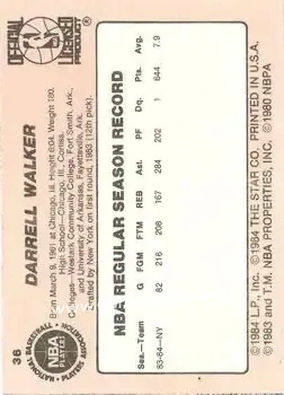 1984-85 Star #36 - Darrell Walker - New York Knicks - Back