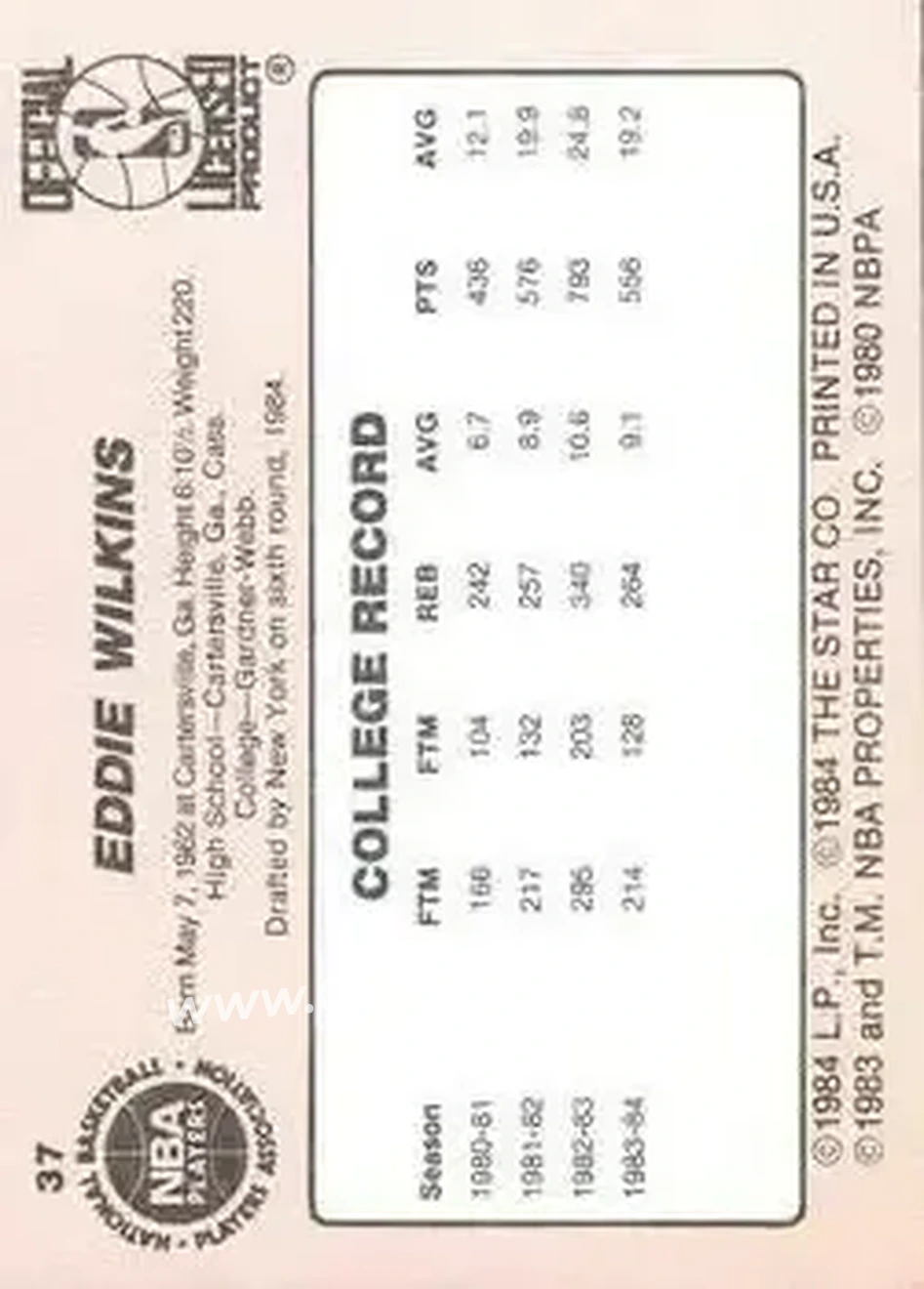 1984-85 Star #37 - Eddie Lee Wilkins - New York Knicks - Back 1984-85 Star #37 - Eddie Lee Wilkins - New York Knicks - Back