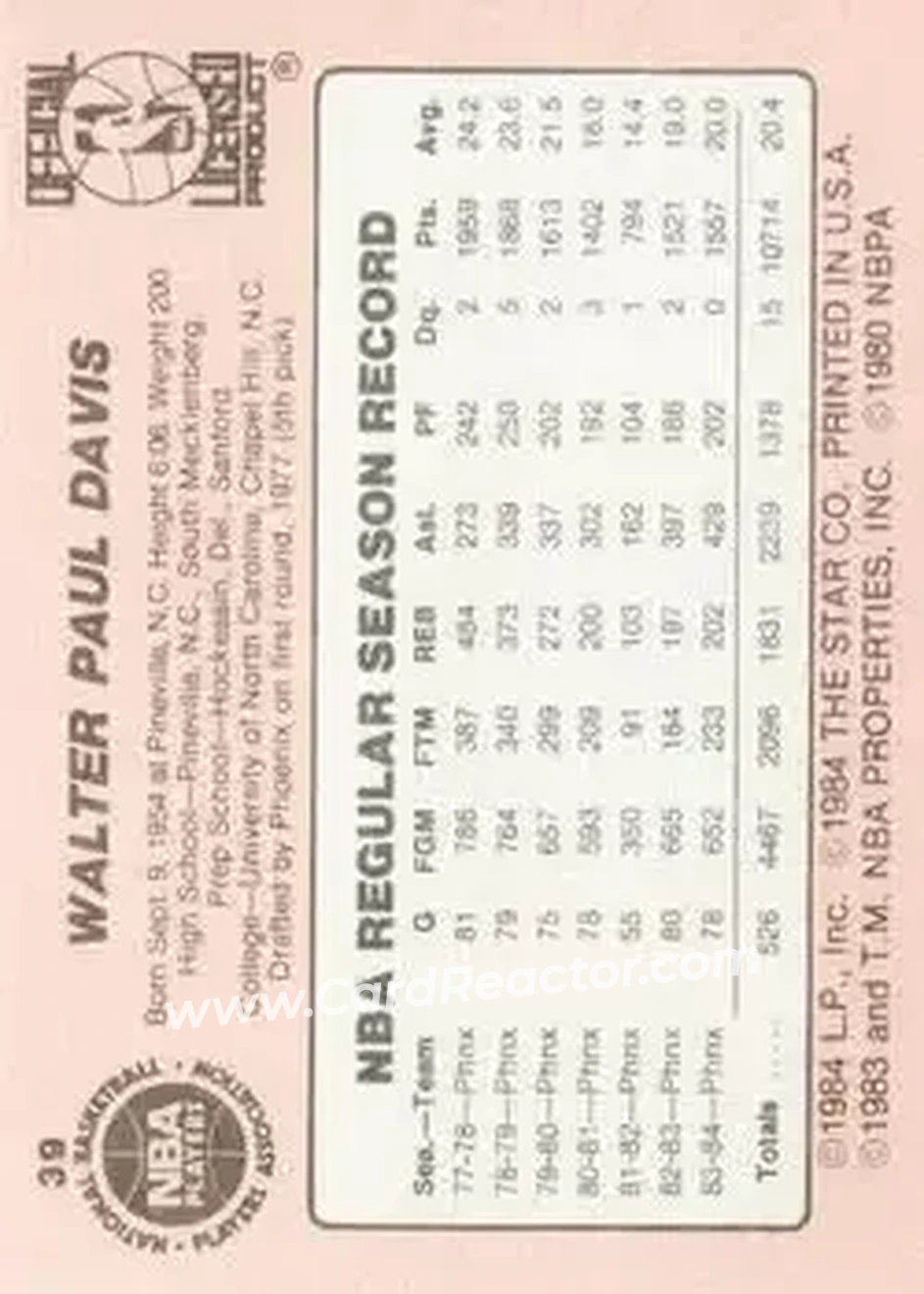 1984-85 Star #39 - Walter Davis - Phoenix Suns - Back