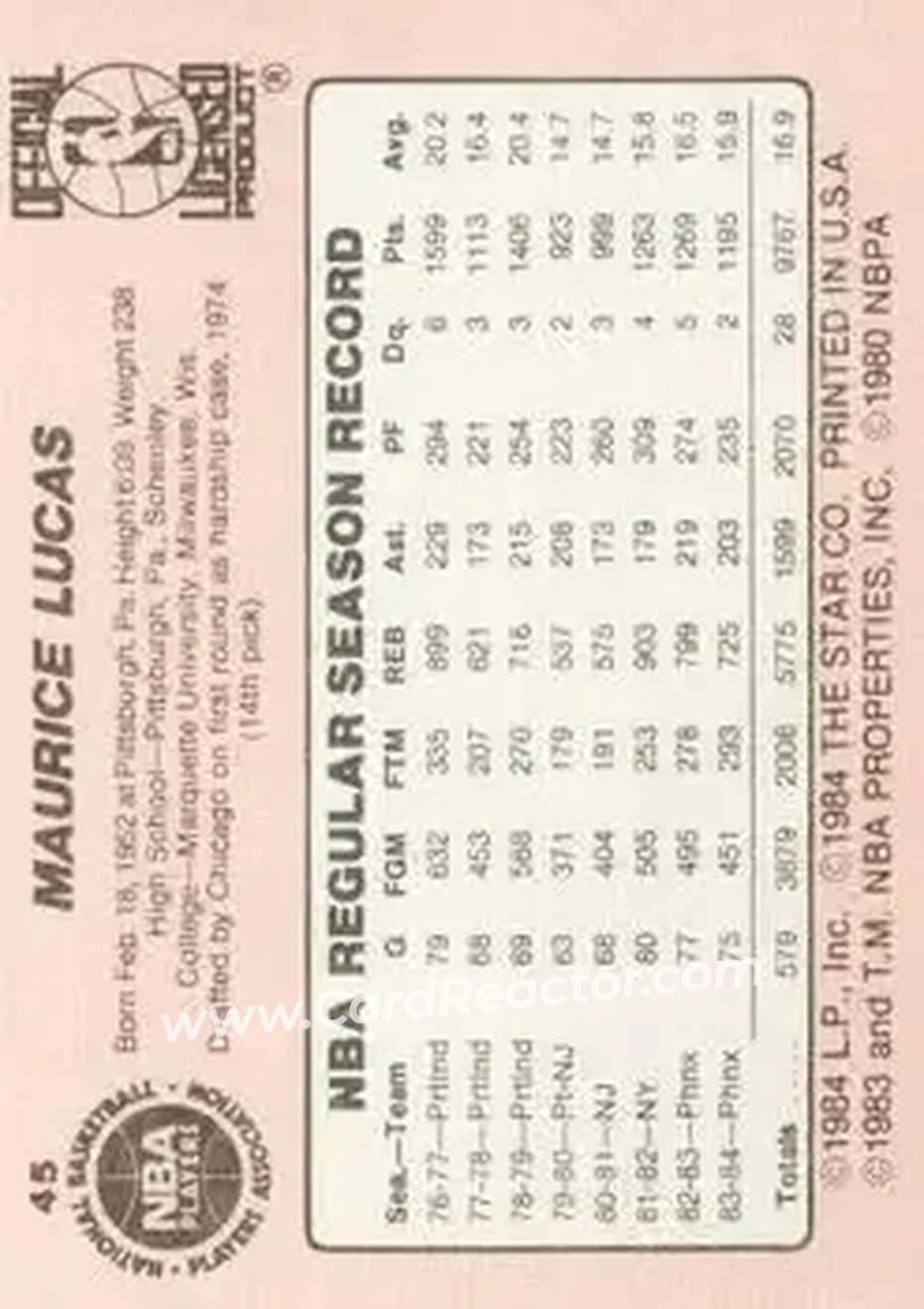 1984-85 Star #45 - Maurice Lucas - Phoenix Suns - Back