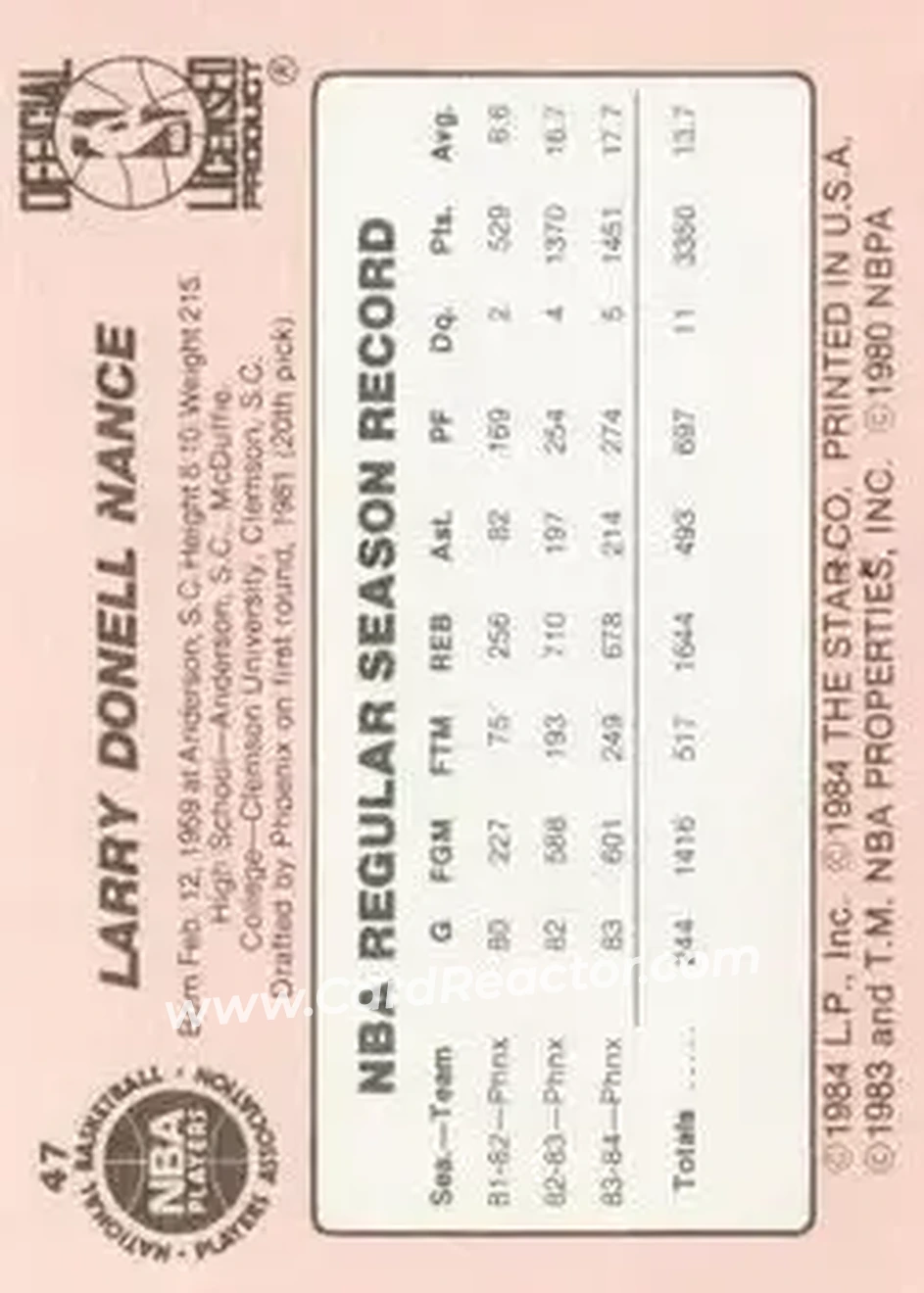 1984-85 Star #47 - Larry Nance - Phoenix Suns - Back