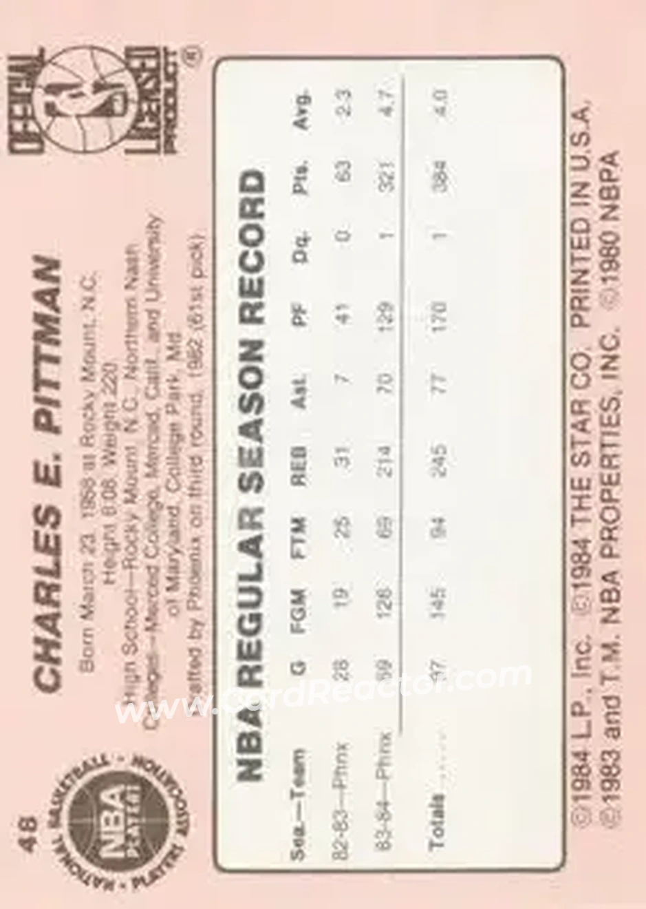 1984-85 Star #48 - Charles Pittman - Phoenix Suns - Back