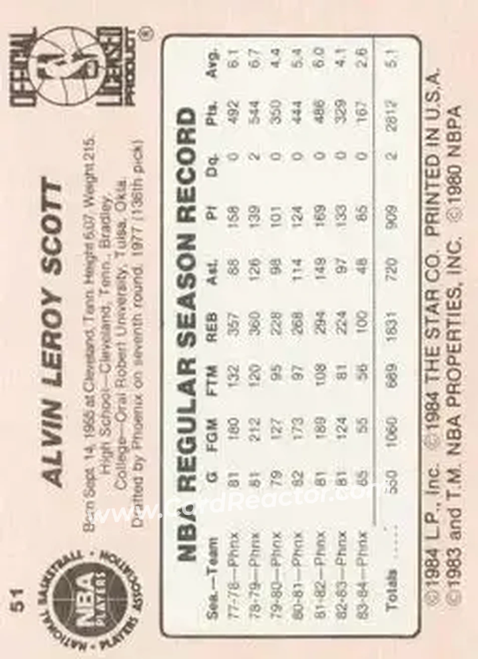 1984-85 Star #51 - Alvin Scott - Phoenix Suns - Back