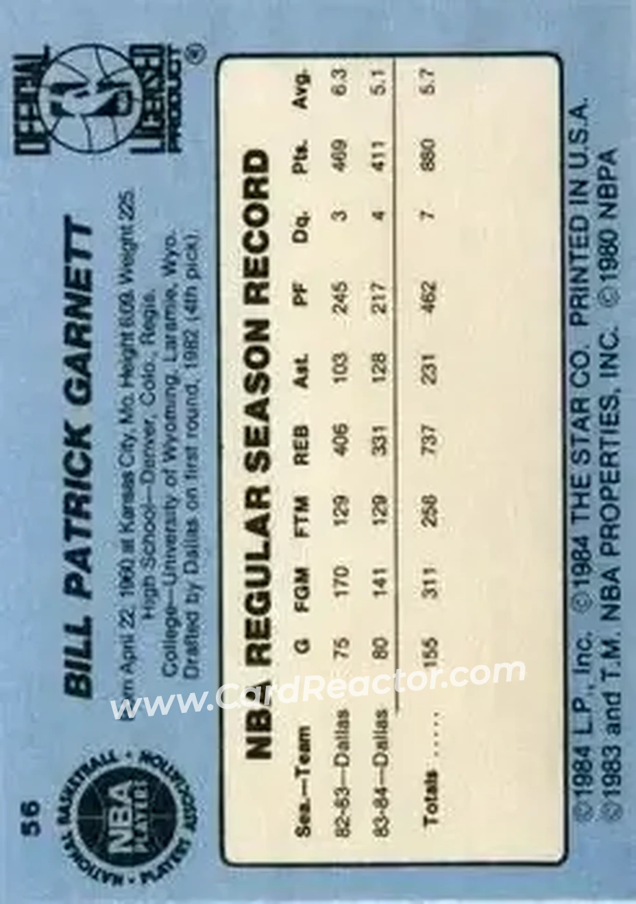 1984-85 Star #56 - Bill Garnett - Indiana Pacers - Back