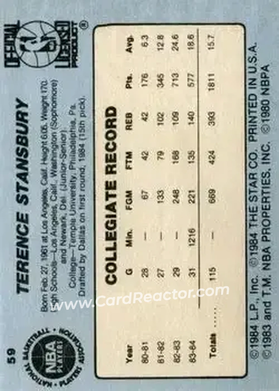 1984-85 Star #59 - Terence Stansbury - Indiana Pacers - Back 1984-85 Star #59 - Terence Stansbury - Indiana Pacers - Back