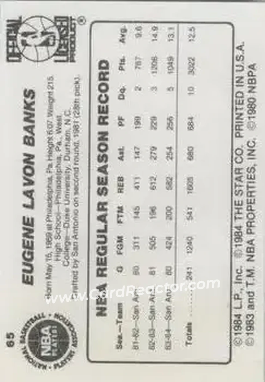 1984-85 Star #65 - Gene Banks - San Antonio Spurs - Back