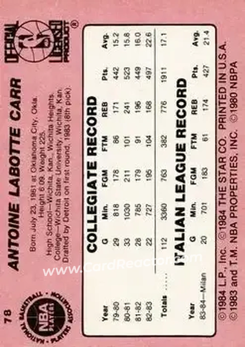1984-85 Star #78 - Antoine Carr - Atlanta Hawks - Back
