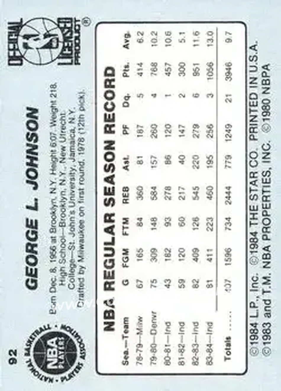 1984-85 Star #92 - George T. Johnson - New Jersey Nets - Back 1984-85 Star #92 - George T. Johnson - New Jersey Nets - Back