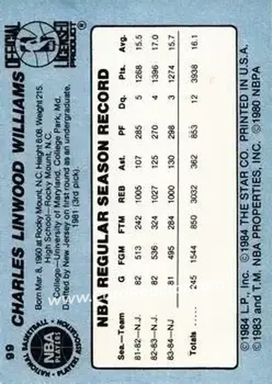1984-85 Star #99 - Buck Williams - New Jersey Nets - Back