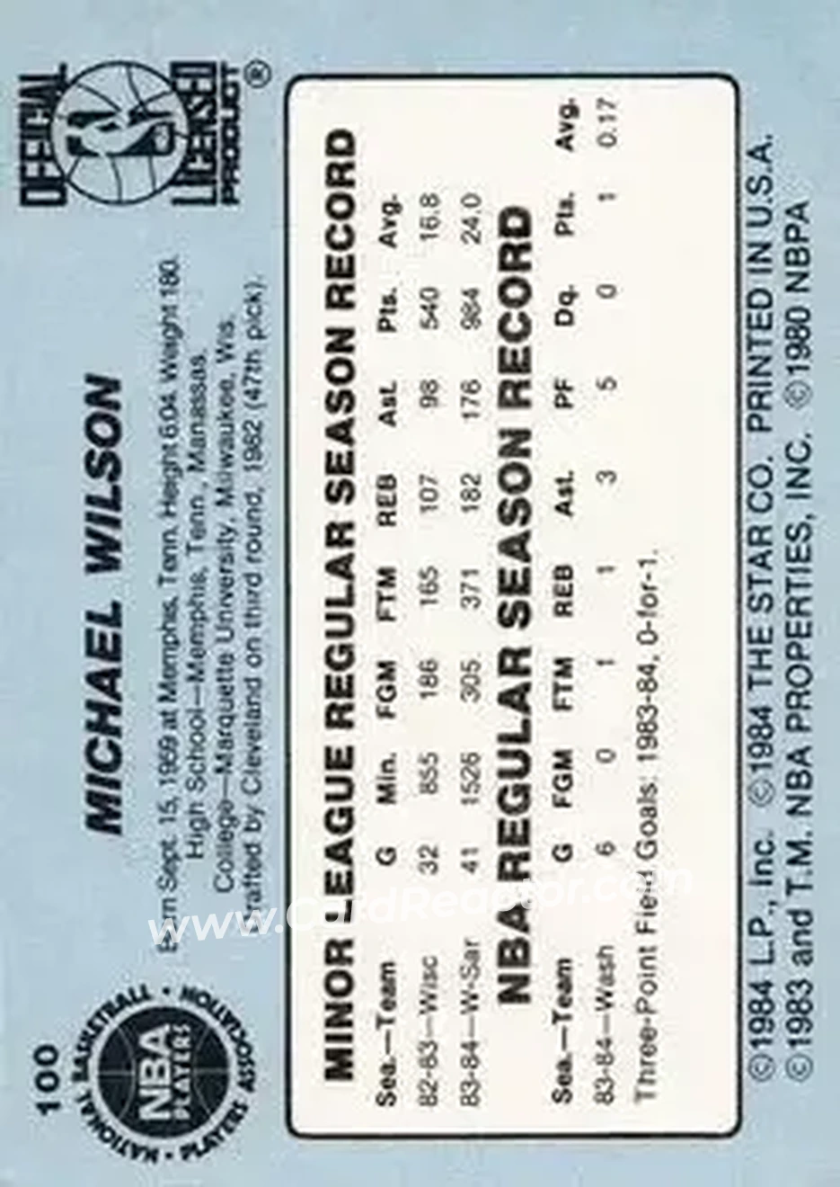 1984-85 Star #100 - Michael Wilson - New Jersey Nets - Back