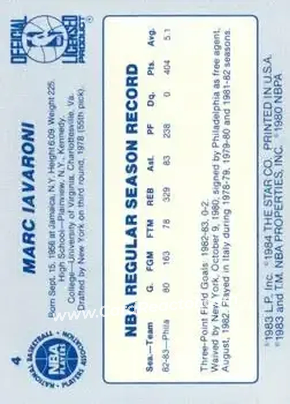 1983-84 Star #4 - Marc Iavaroni - Philadelphia 76ers - Back