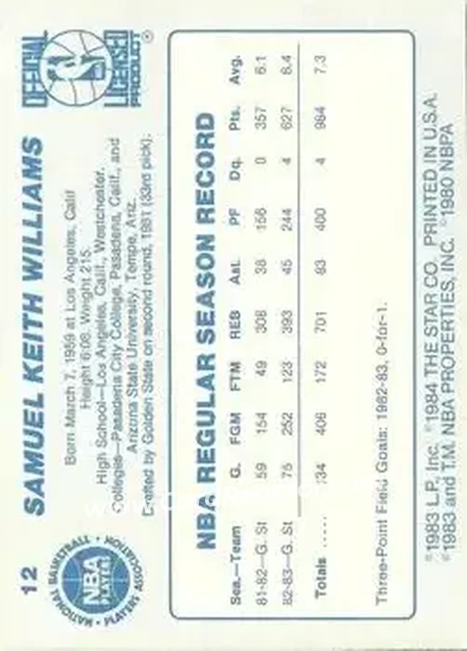 1983-84 Star #12 - Sam Williams - Philadelphia 76ers - Back