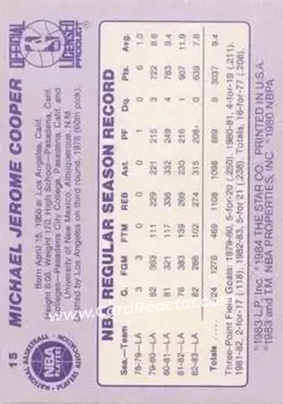 1983-84 Star #15 - Michael Cooper - Los Angeles Lakers - Back