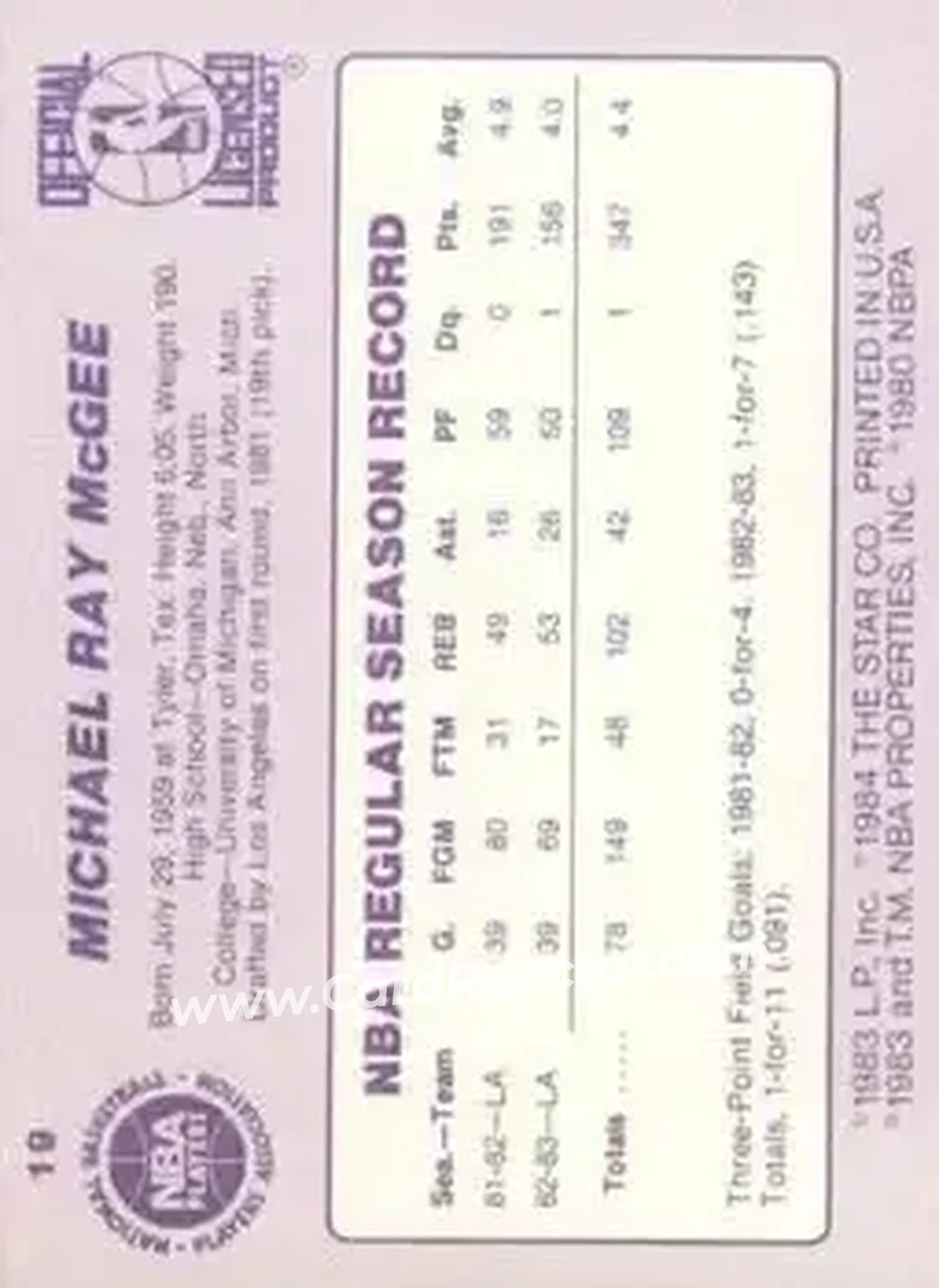 1983-84 Star #19 - Mike McGee - Los Angeles Lakers - Back