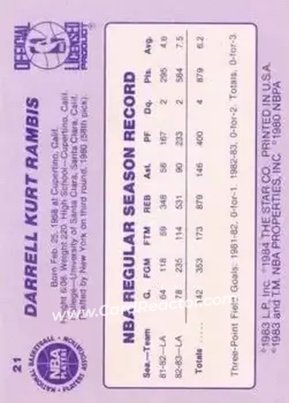 1983-84 Star #21 - Kurt Rambis - Los Angeles Lakers - Back
