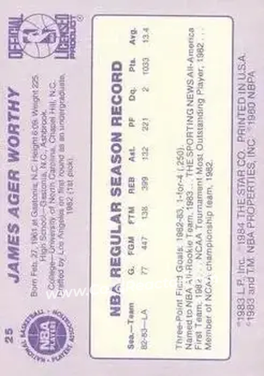 1983-84 Star #25 - James Worthy - Los Angeles Lakers - Back
