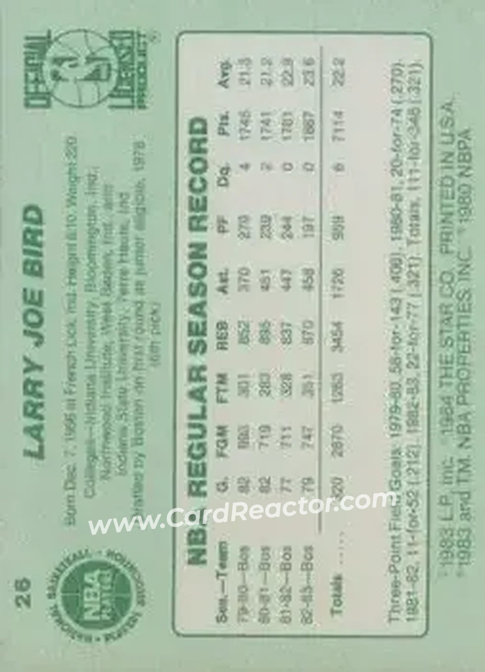 1983-84 Star #26 - Larry Bird - Boston Celtics - Back