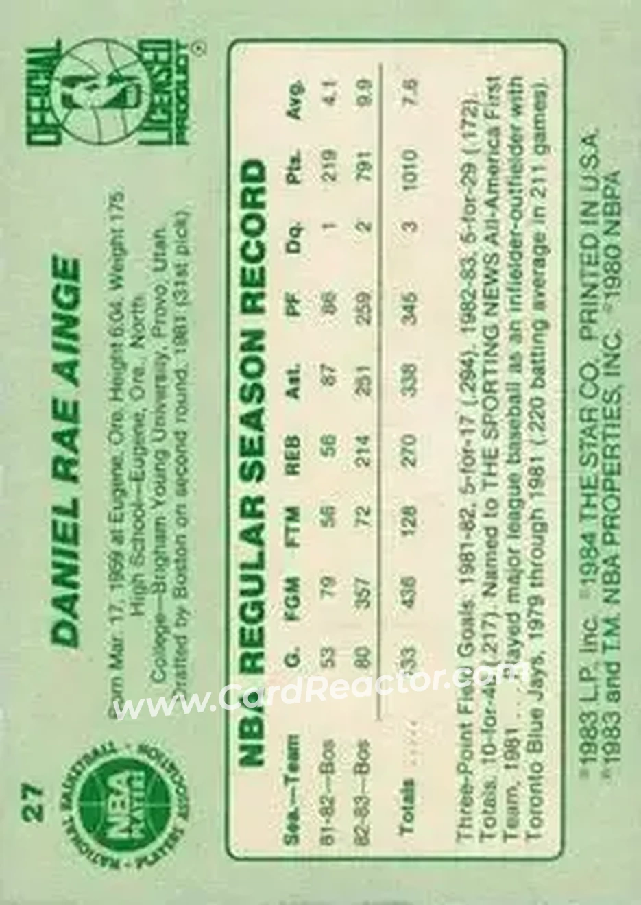 1983-84 Star #27 - Danny Ainge - Boston Celtics - Back