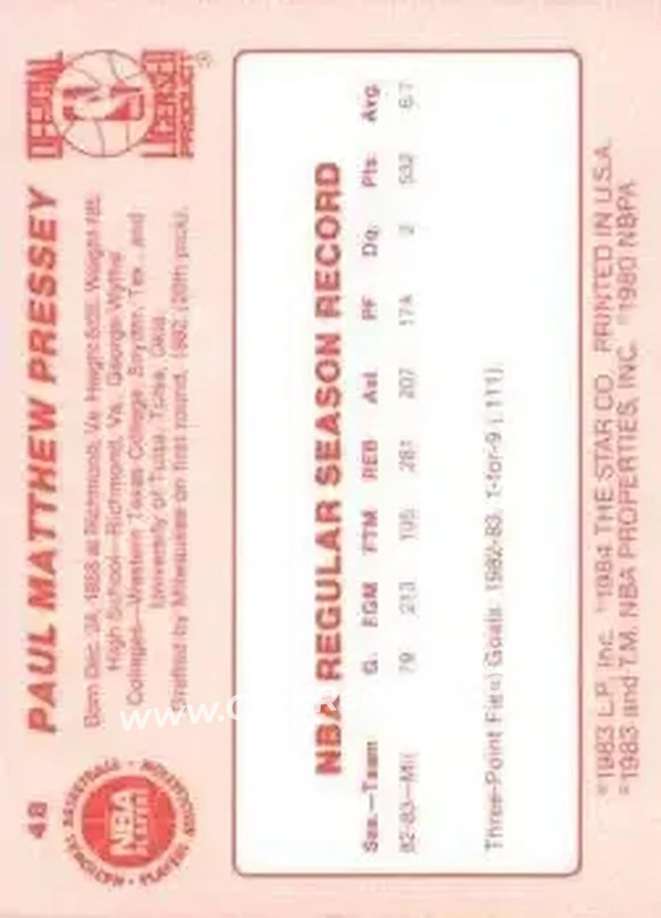 1983-84 Star #48 - Paul Pressey - Milwaukee Bucks - Back