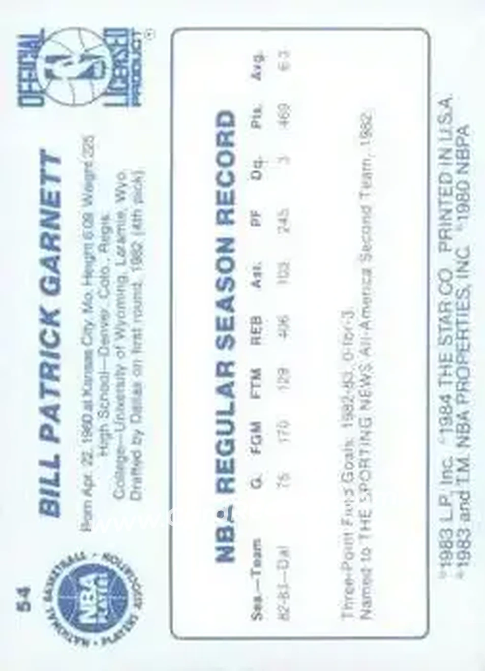 1983-84 Star #54 - Bill Garnett - Dallas Mavericks - Back 1983-84 Star #54 - Bill Garnett - Dallas Mavericks - Back