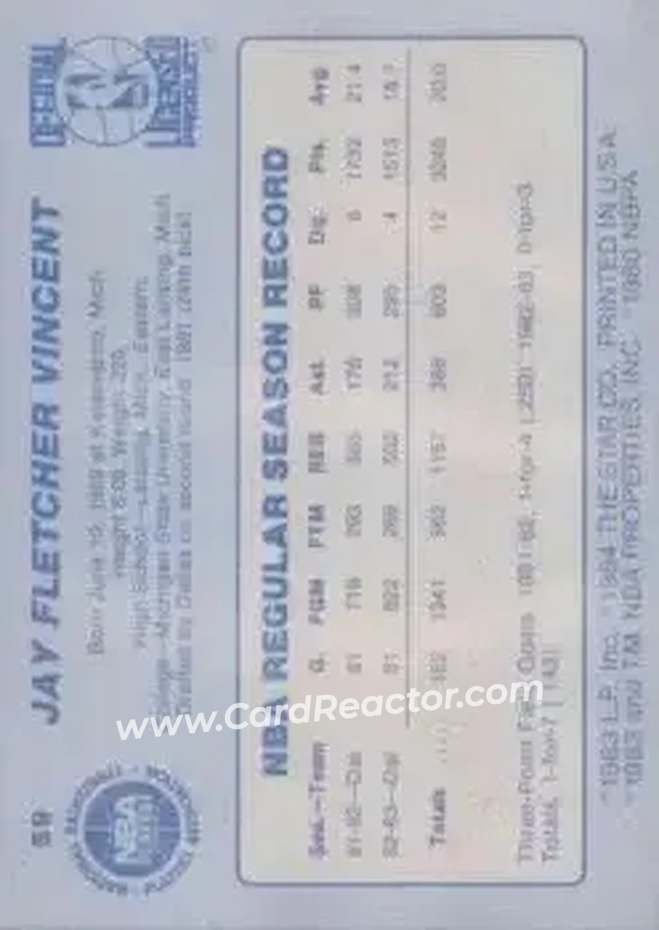 1983-84 Star #59 - Jay Vincent - Dallas Mavericks - Back