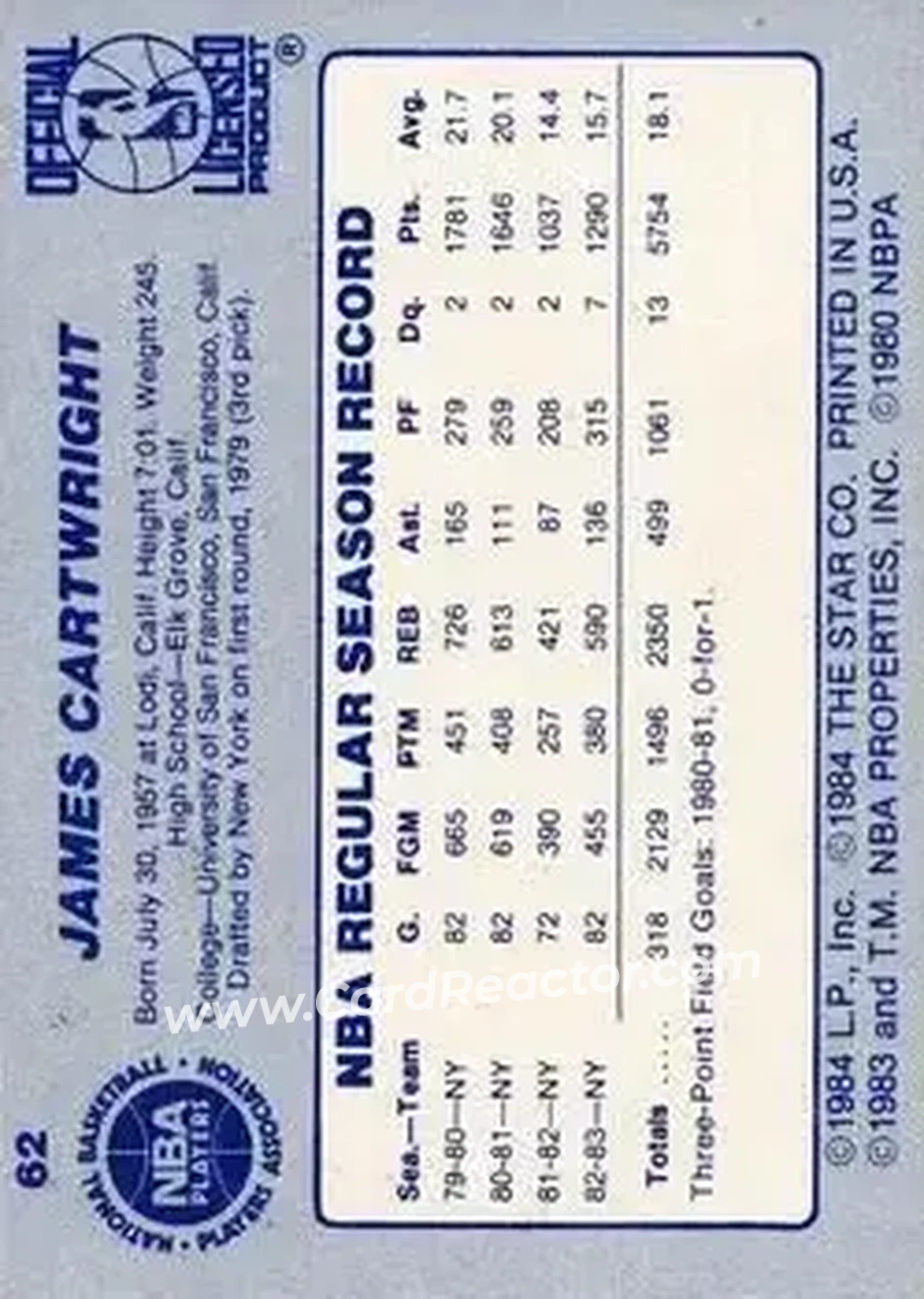 1983-84 Star #62 - Bill Cartwright - New York Knicks - Back