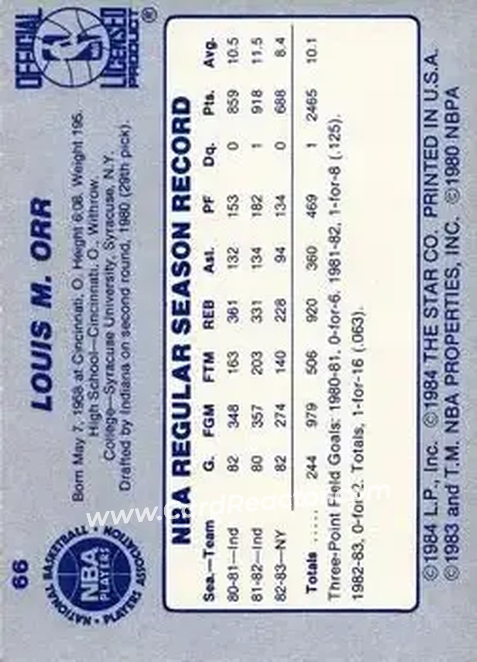 1983-84 Star #66 - Louis Orr - New York Knicks - Back 1983-84 Star #66 - Louis Orr - New York Knicks - Back