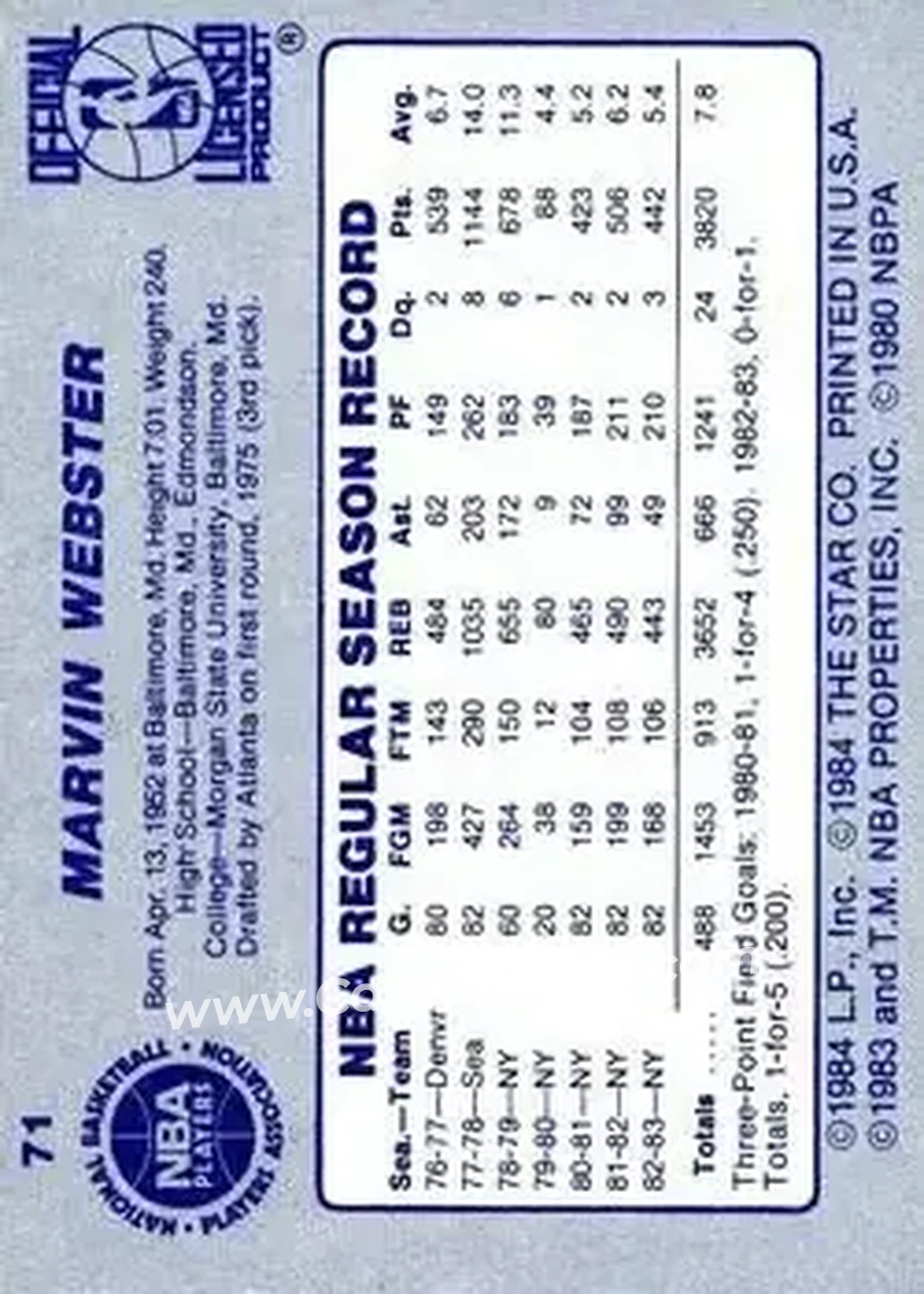 1983-84 Star #71 - Marvin Webster - New York Knicks - Back