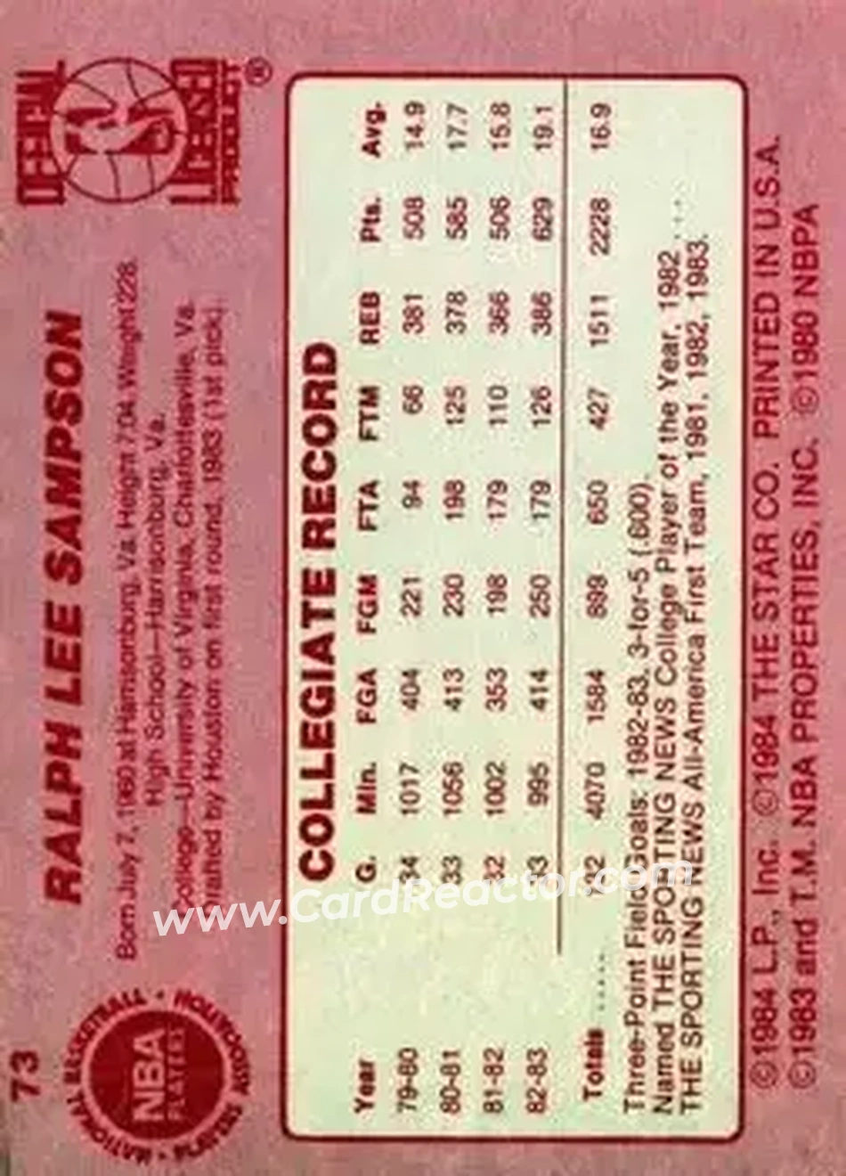 1983-84 Star #73 - Ralph Sampson - Houston Rockets - Back