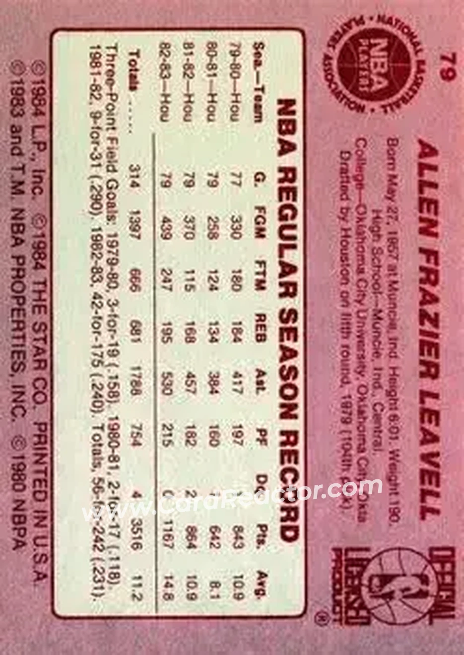 1983-84 Star #79 - Allen Leavell - Houston Rockets - Back