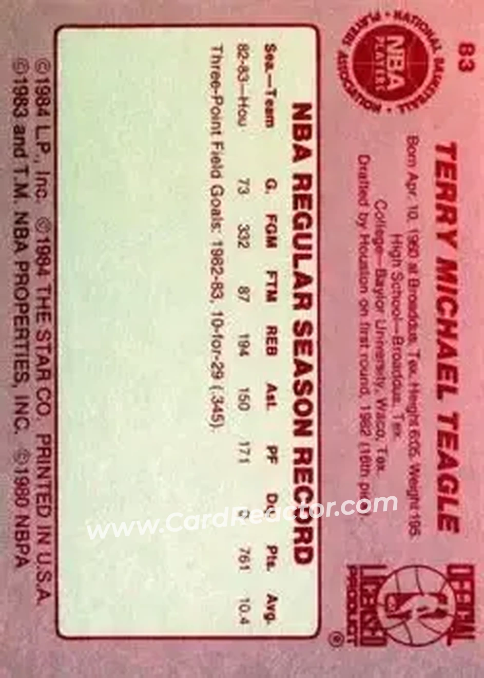 1983-84 Star #83 - Terry Teagle - Houston Rockets - Back