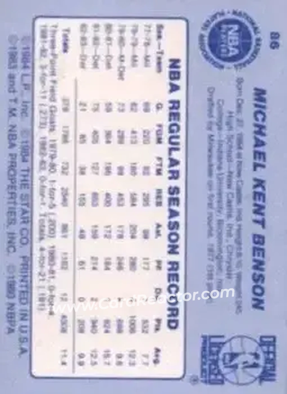 1983-84 Star #86 - Kent Benson - Detroit Pistons - Back