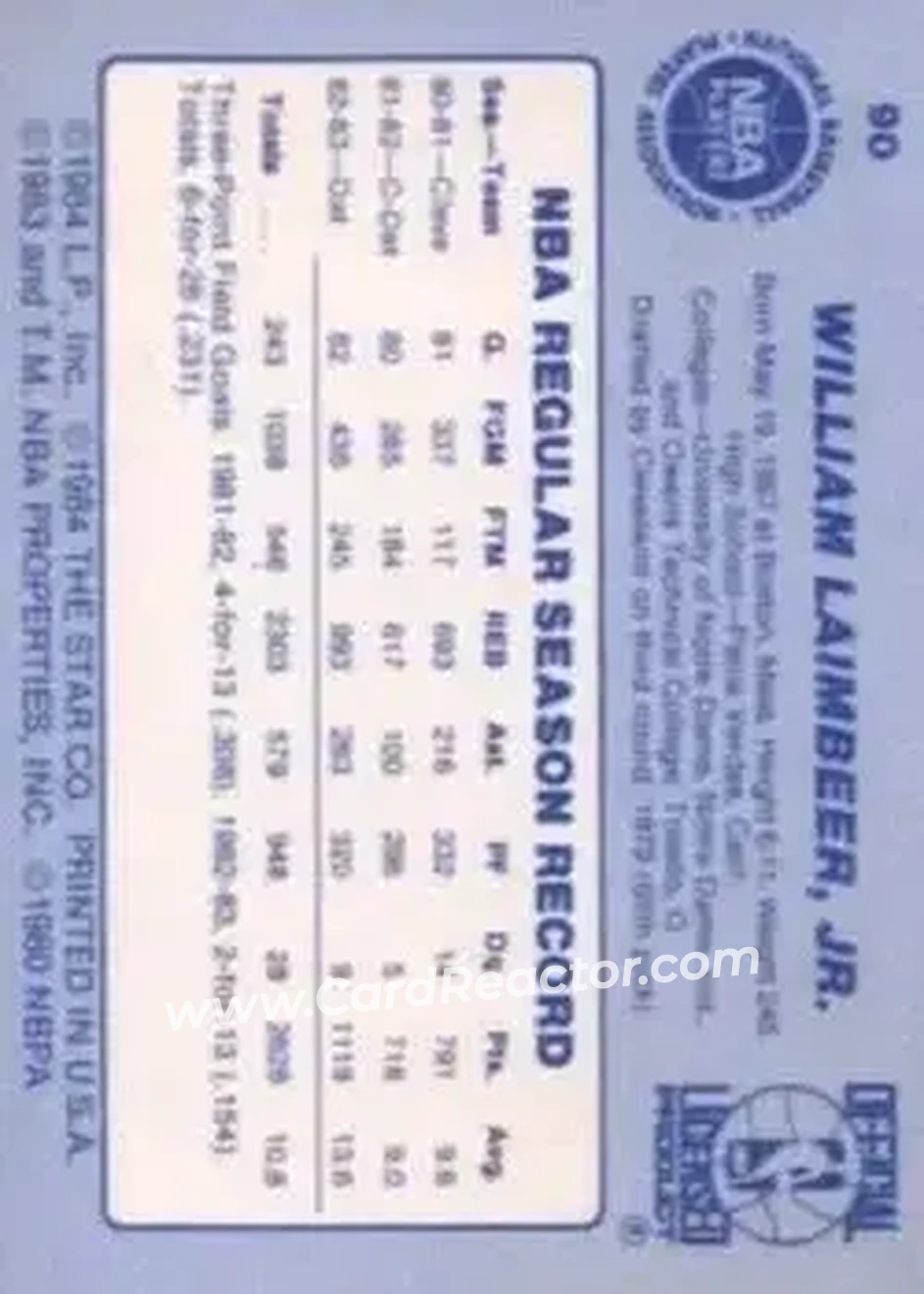 1983-84 Star #90 - Bill Laimbeer - Detroit Pistons - Back