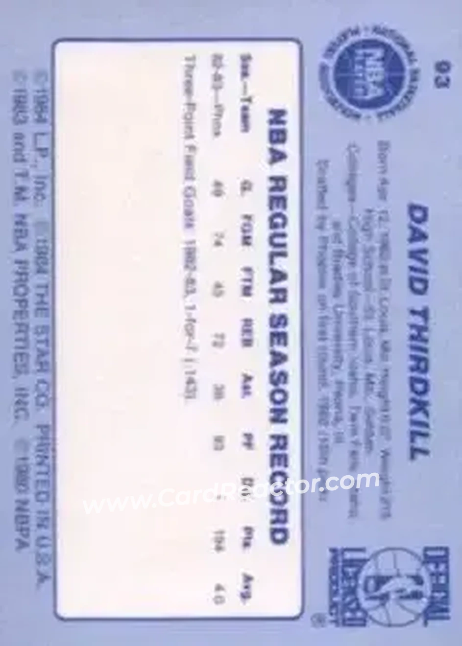 1983-84 Star #93 - David Thirdkill - Detroit Pistons - Back