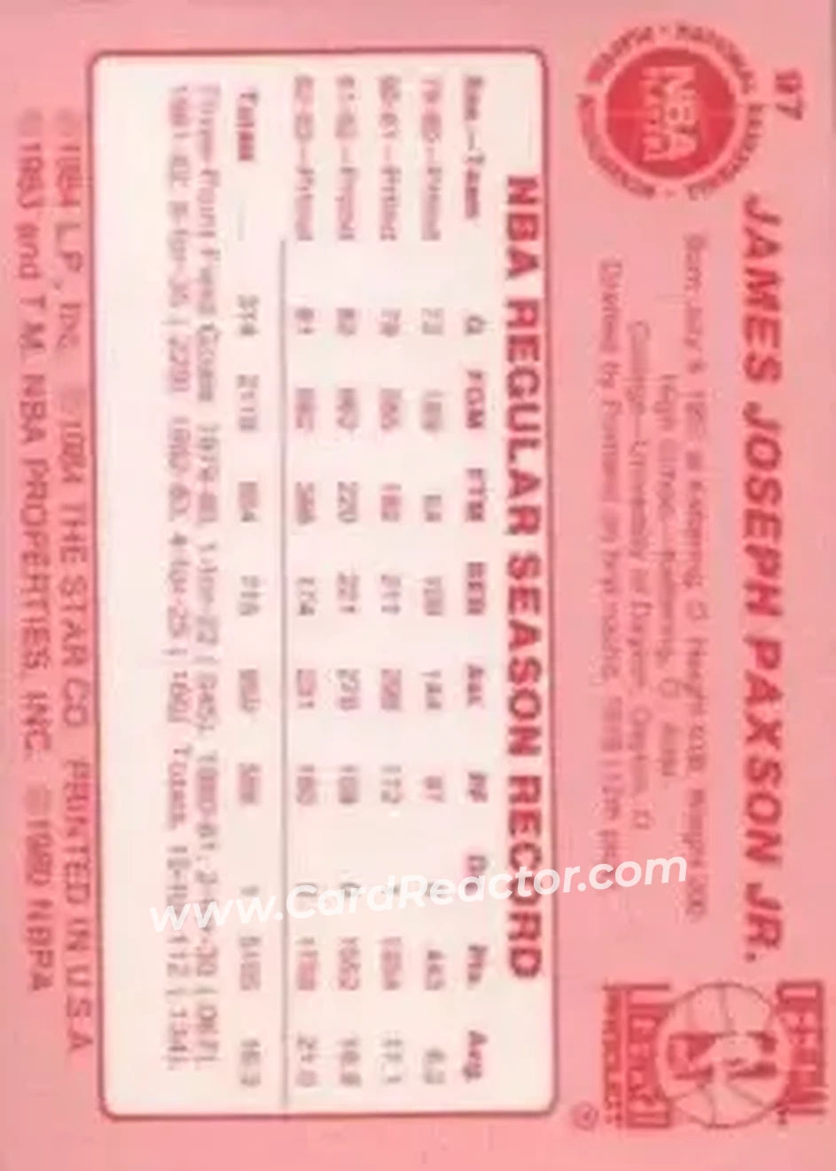 1983-84 Star #97 - Jim Paxson - Portland Trail Blazers - Back