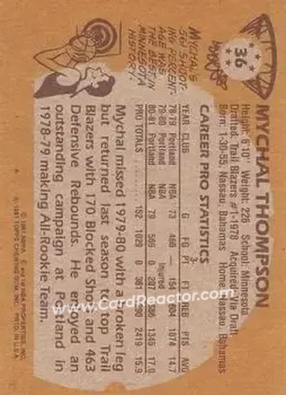 1981-82 Topps #36 - Mychal Thompson - Portland Trail Blazers - Back