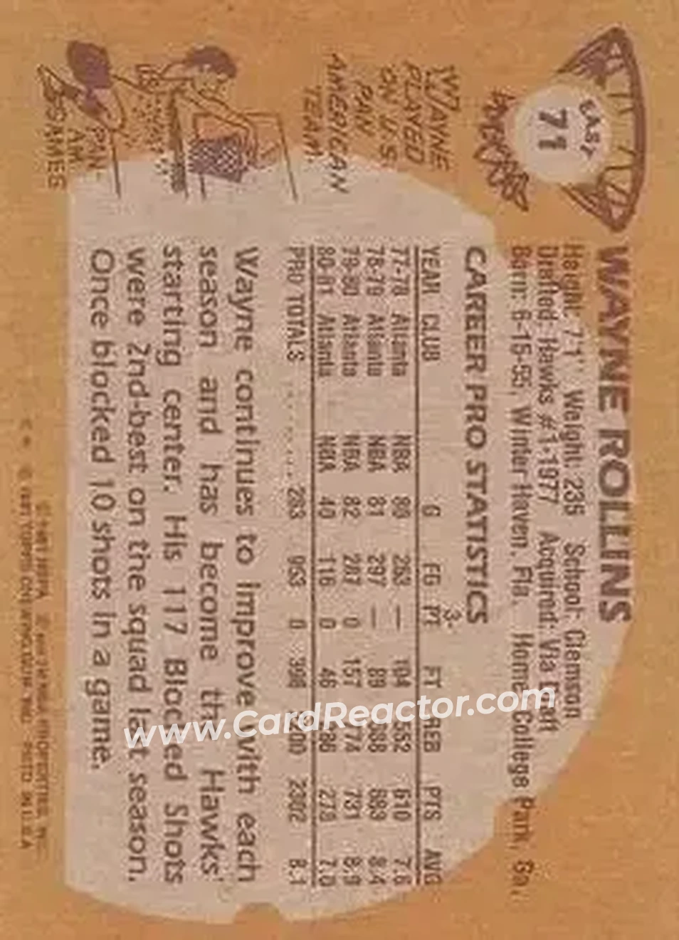 1981-82 Topps #E71 - Tree Rollins - Atlanta Hawks - Back