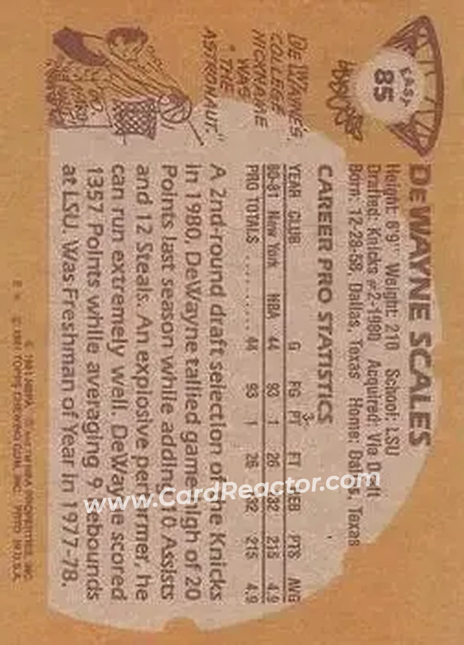 1981-82 Topps #E85 - DeWayne Scales - New York Knicks - Back