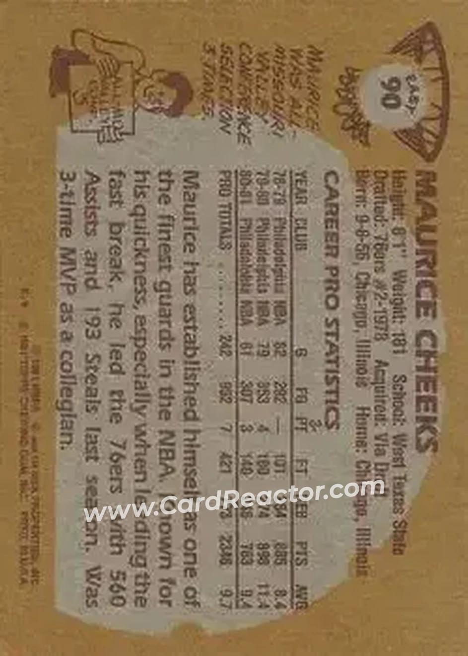 1981-82 Topps #E90 - Maurice Cheeks - Philadelphia 76ers - Back