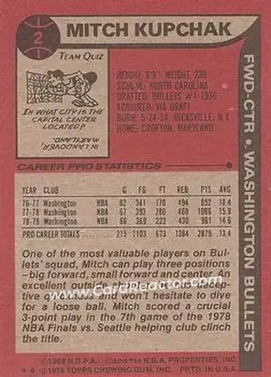 1979-80 Topps #2 - Mitch Kupchak - Washington Bullets - Back