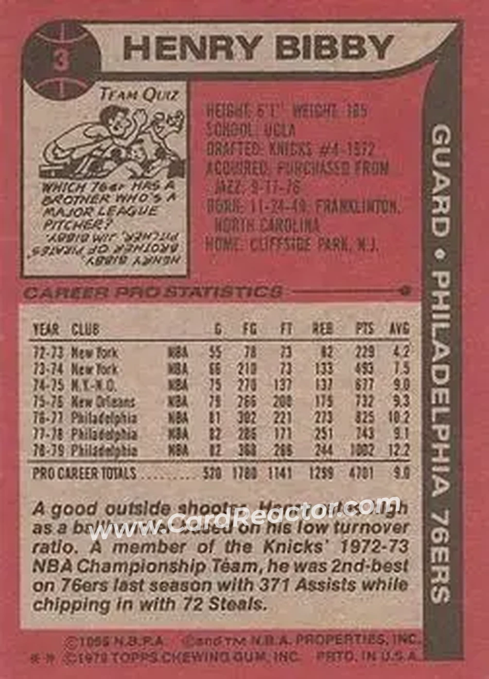 1979-80 Topps #3 - Henry Bibby - Philadelphia 76ers - Back