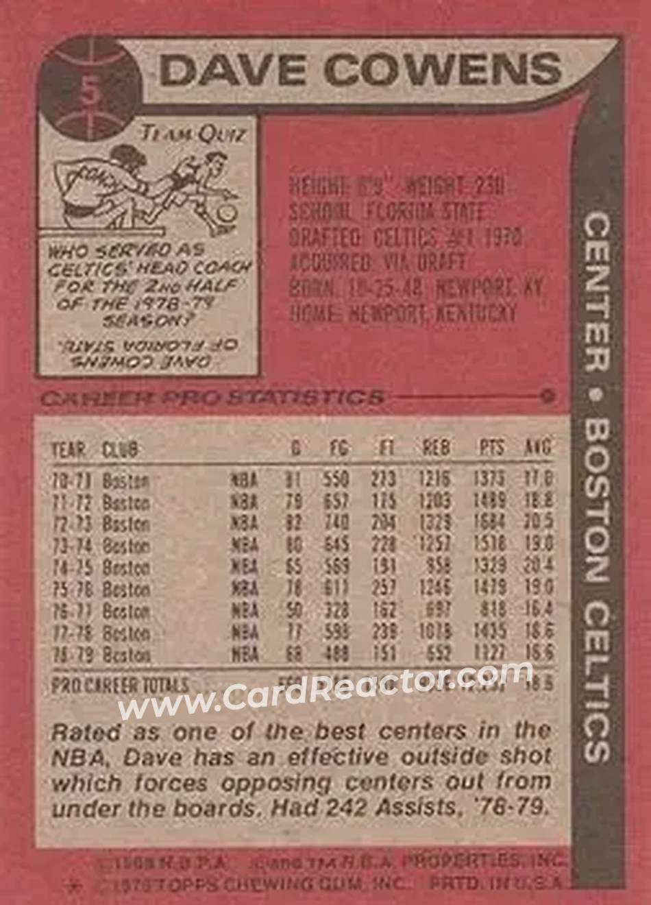 1979-80 Topps #5 - Dave Cowens - Boston Celtics - Back