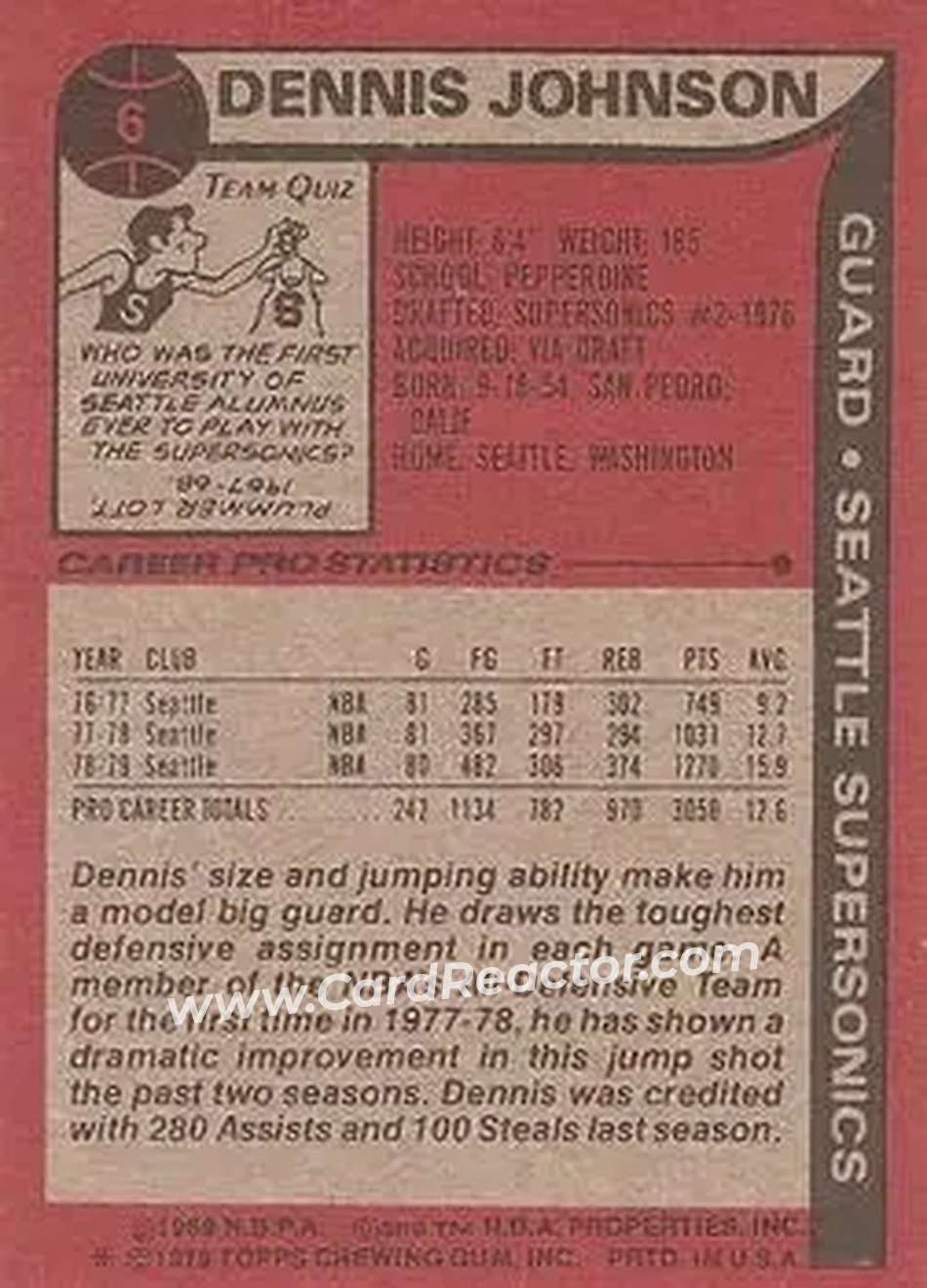 1979-80 Topps #6 - Dennis Johnson - Seattle SuperSonics - Back