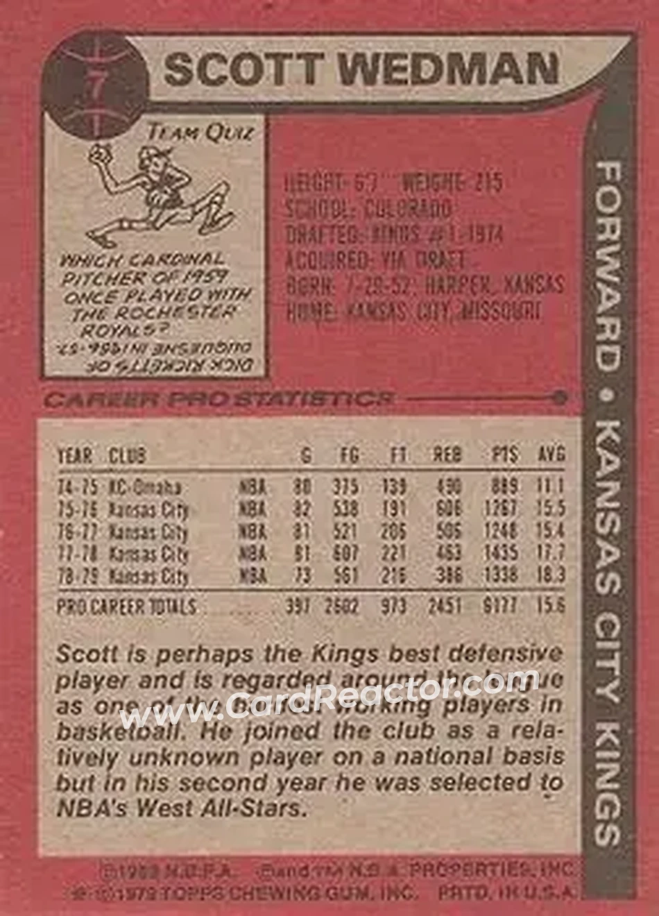 1979-80 Topps #7 - Scott Wedman - Kansas City Kings - Back