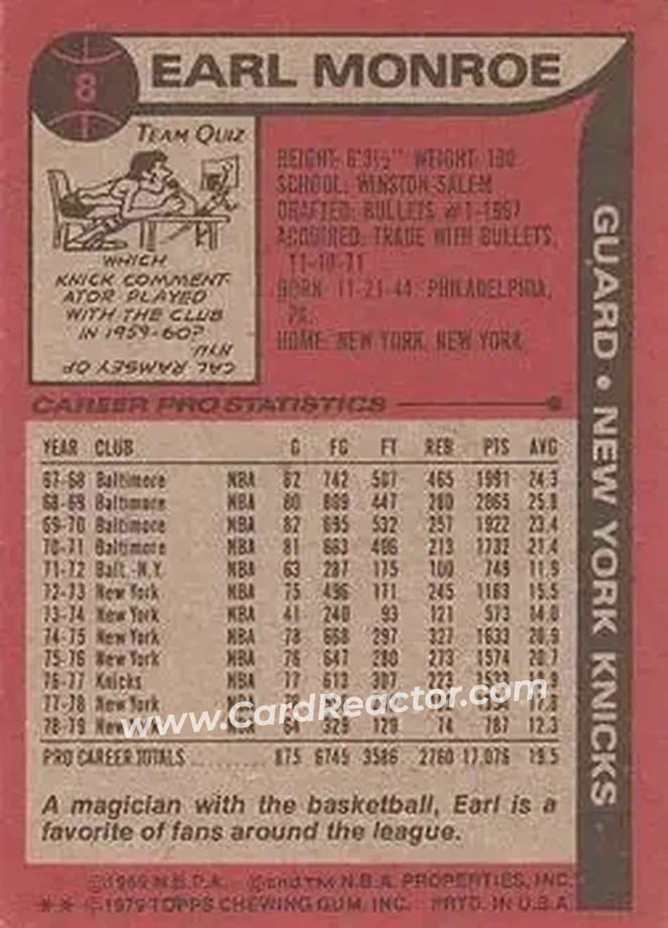 1979-80 Topps #8 - Earl Monroe - New York Knicks - Back