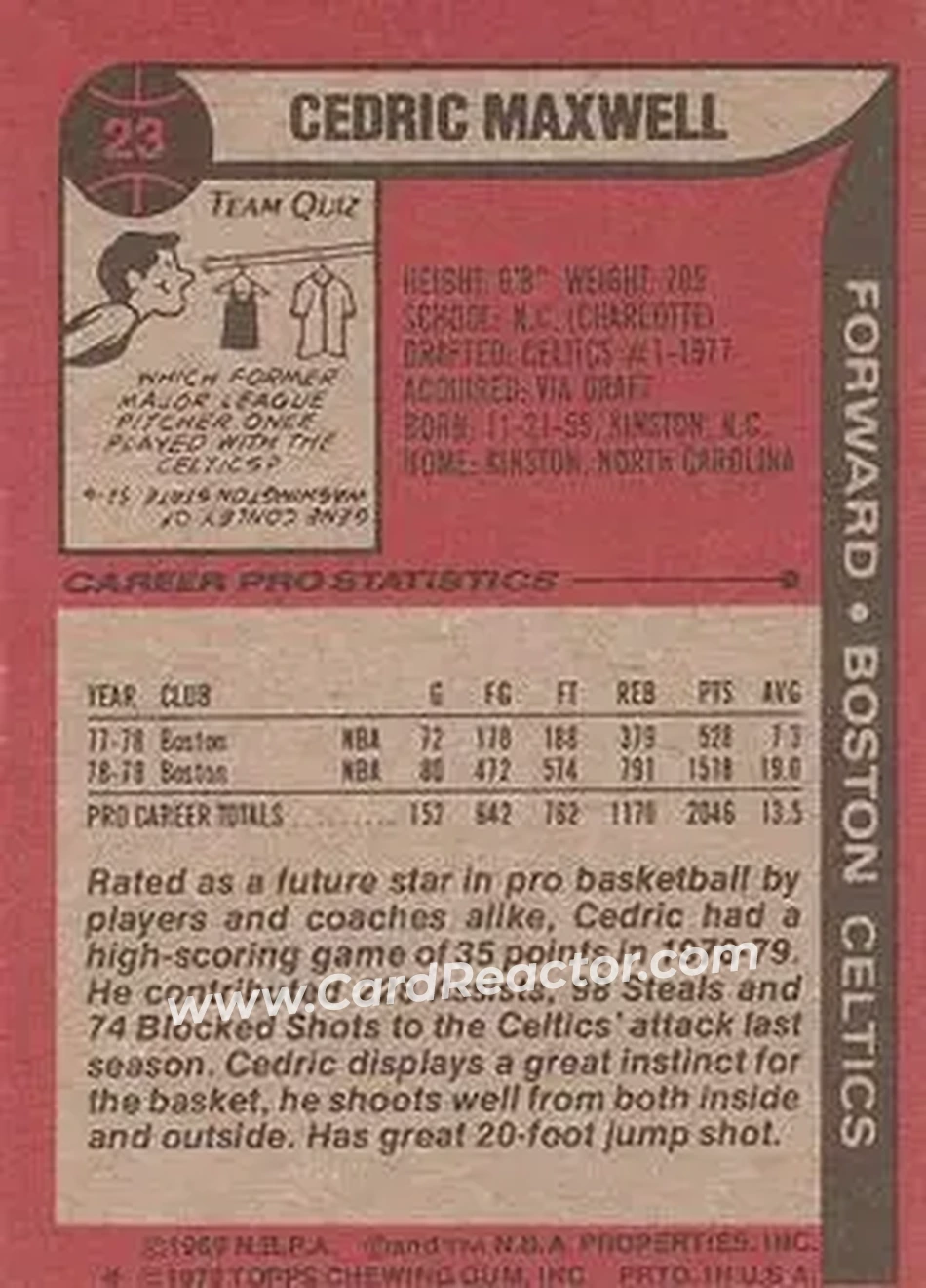 1979-80 Topps #23 - Cedric Maxwell - Boston Celtics - Back